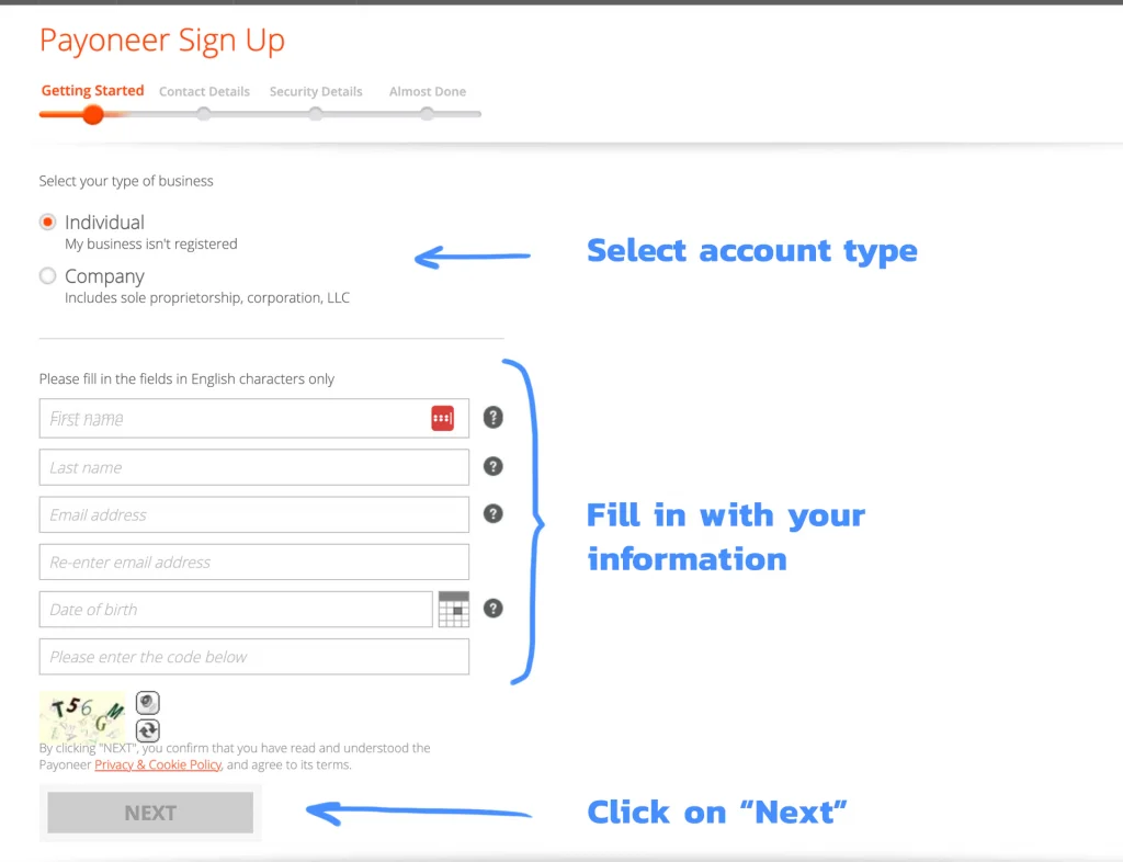 Steps to open a Payoneer account 1