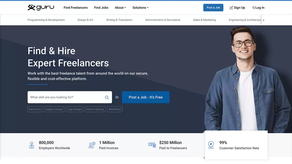 Guru.com has many categories for freelancers to find clients.